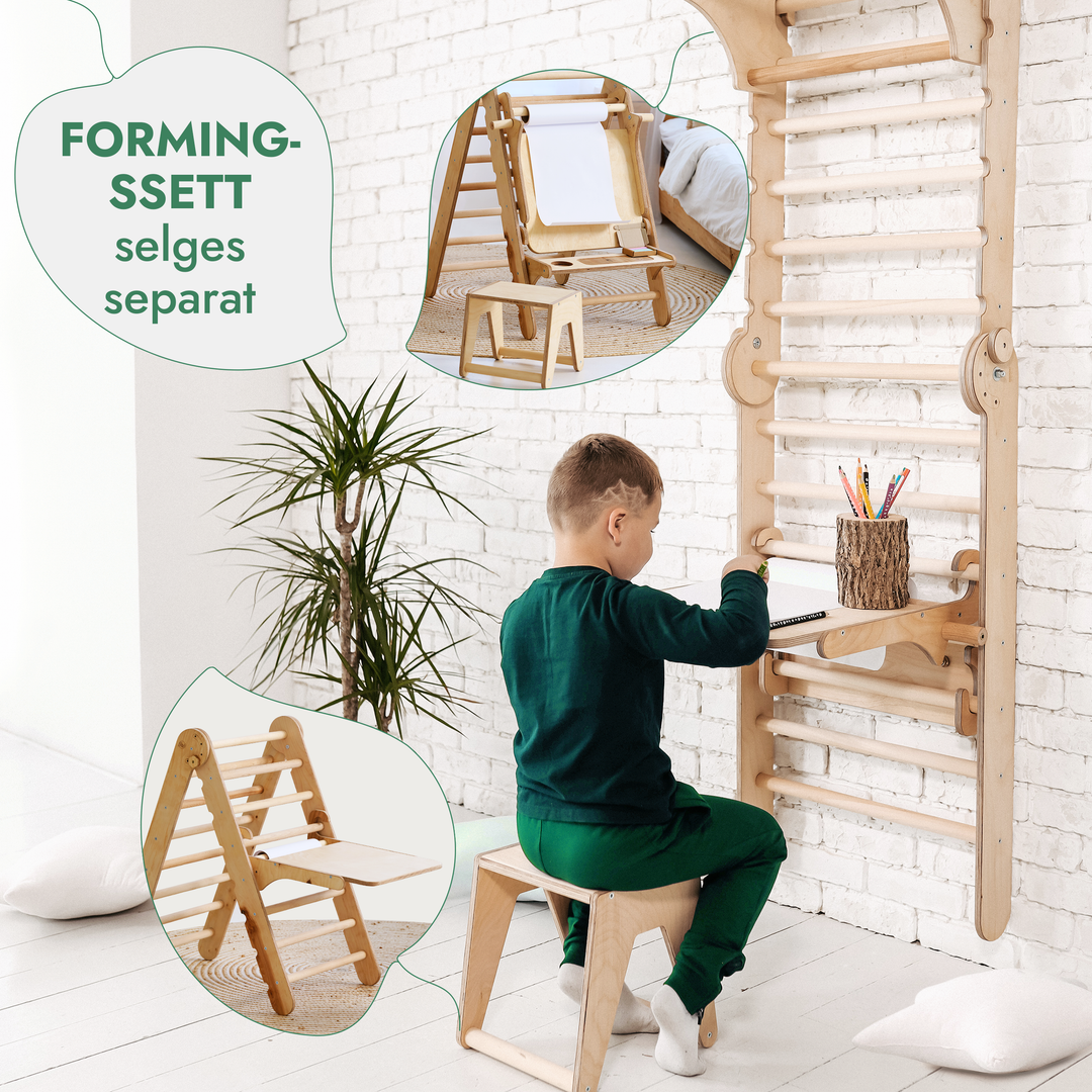 6-i-1 Klatrevegg/Klatrestige i tre for barn + Huskestativ + Rutsjebrett