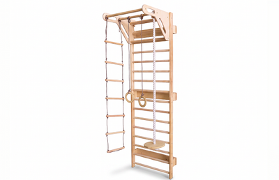 7-in-1 Klatrevegg for barn: ribbevegg, klatrenett, pull up-stang & 3i1 husksett