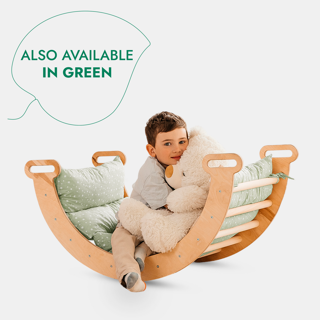 5-i-1 Montessori Klatrestativ-Sett: Triangelstige + Bue/Gynge + Rutsjebrett/Rampe + Nettingtau + Pute