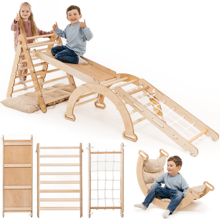 5-i-1 Montessori Klatrestativ-Sett: Triangelstige + Bue/Gynge + Rutsjebrett/Rampe + Nettingtau + Pute
